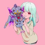  1girl chibi mecha red_eyes robot shirt simple_background superbia_(bravern) t-shirt tnaym yellow_eyes yuuki_bakuhatsu_bang_bravern 