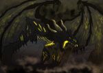 absurd_res angry_expression black_body black_scales chaos concept_art dragon female feral fog glowing glowing_eyes glowing_mouth hi_res horn ocha_(uncrom) scales secrets_of_uncrom shadow solo uncrom visha wings yenocwolf