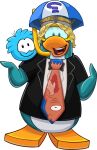 alpha_channel ambiguous_gender avian bird black_clothing black_shirt black_topwear blonde_hair clothing club_penguin duo fish_print full-length_portrait hair hi_res looking_at_viewer male multicolored_clothing multicolored_shirt multicolored_topwear official_art open_mouth penguin portrait print_necktie puffle shirt short_hair short_sleeves snorkel toony topwear two_tone_clothing two_tone_shirt two_tone_topwear umbrella_hat unknown_artist upper_teeth_only white_clothing white_shirt white_topwear