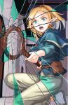  1girl belt_pouch blonde_hair blue_capelet broken_glass capelet crack cracked_glass dungeon_meshi elf glass green_eyes holding holding_staff marcille_donato open_mouth pants phoen pointy_ears pouch shattered solo staff white_pants 