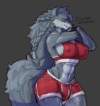 abs absurd_res anthro balls_outline big_breasts braided_hair breasts bryn_(sageofaether) bulge canid canine canis clothed clothing detailed_bulge eyes_closed female fur genital_outline grey_body grey_fur gynomorph hair hi_res intersex mammal muscular muscular_anthro muscular_gynomorph muscular_intersex nipple_outline penis_outline s_miles_art solo tail thick_thighs topwear wolf