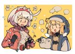  1boy 1girl androgyne_symbol black_gloves blonde_hair blue_eyes blush bracelet bridget_(guilty_gear) collar elphelt_valentine fingerless_gloves gloves guilty_gear guilty_gear_strive habit hairband highres hood hood_up hooded_jacket hoodie itsuka_neru jacket jewelry long_sleeves medium_hair open_clothes open_hoodie open_mouth otoko_no_ko pink_hairband short_hair smile spiked_bracelet spiked_collar spiked_hairband spikes upper_body white_hair yo-yo 