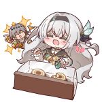  2girls black_hairband black_jacket black_ribbon blush bow broken_heart chibi closed_eyes coin_purse collared_shirt crossed_bangs crying display_case firefly_(honkai:_star_rail) food grey_hair hair_bow hair_intakes hair_ribbon hairband heart highres holding holding_wallet honkai:_star_rail honkai_(series) jacket long_hair multiple_girls neckerchief nijiiro_diary open_mouth orange_neckerchief ribbon shirt sidelocks sparkle stelle_(honkai:_star_rail) trailblazer_(honkai:_star_rail) wallet white_background white_bow white_shirt 