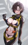  1girl areola_slip armored_core armored_core_6 asymmetrical_bangs bikini black_bikini black_bodysuit blue_eyes blurry blurry_background blush bodysuit breasts brown_hair center_opening commentary_request earrings genderswap genderswap_(mtf) hand_up harness highres hominamia jewelry large_breasts long_hair looking_at_viewer low_ponytail micro_bikini mole mole_under_eye multicolored_bodysuit multicolored_clothes navel open_mouth scar scar_on_chest scar_on_face scar_on_stomach solo stairs stud_earrings sweat swimsuit v.iv_rusty 