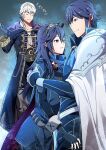  1girl 2boys ameno_(a_meno0) blue_aura blue_eyes blue_hair chrom_(fire_emblem) closed_mouth coat father_and_daughter fingerless_gloves fire_emblem fire_emblem_awakening fire_emblem_engage gloves grey_hair hair_between_eyes hug long_sleeves lucina_(fire_emblem) multiple_boys pants robin_(fire_emblem) robin_(male)_(fire_emblem) short_hair sigh smile standing sweatdrop sweater symbol-shaped_pupils tiara 