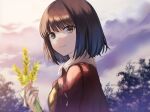  1girl arms_at_sides bomber_jacket brown_eyes brown_hair closed_mouth cloud cloudy_sky d_twt_b evening flower from_side fur-trimmed_jacket fur_trim hair_between_eyes highres holding holding_flower jacket kara_no_kyoukai looking_at_viewer medium_hair open_clothes open_jacket outdoors red_jacket ryougi_shiki shirt sky smile solo tree upper_body yellow_flower yellow_shirt 