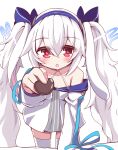  1girl animal_ears azur_lane bare_shoulders blue_hairband blue_ribbon candy chocolate collarbone crossed_bangs dress fake_animal_ears food geo_(yukishitadou) hair_ribbon hairband hand_up heart heart-shaped_chocolate highres holding holding_chocolate holding_food laffey_(azur_lane) laffey_ii_(azur_lane) long_hair long_sleeves parted_lips pov rabbit_ears reaching reaching_towards_viewer red_eyes ribbon short_dress simple_background solo thighhighs valentine very_long_hair white_background white_dress white_hair white_thighhighs 
