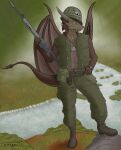 absurd_res ace_of_hearts anthro card clock clothing dog_tags dragon dragon171 explosives fog grass grenade gun hi_res horn male military mud plant ranged_weapon river rock soldier solo standing tail tree uniform vietnam warrior watch water weapon wings