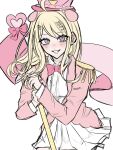  1girl akamatsu_kaede animal_ears blonde_hair blush bow bowtie center_frills cowboy_shot danganronpa_(series) danganronpa_v3:_killing_harmony dress_shirt fake_animal_ears frills grey_skirt highres holding holding_staff jacket long_hair miniskirt noki_118 open_clothes open_jacket pink_bow pink_bowtie pink_eyes pink_jacket pleated_skirt shirt simple_background skirt solo staff teeth white_background 