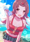  1girl :d absurdres ahoge beach blue_sky blush bottle breasts cloud collarbone commentary day eyewear_hang food-themed_hair_ornament food_print ginmugi green_shorts hair_flaps hair_ornament hairclip hand_up highres holding holding_bottle idolmaster idolmaster_shiny_colors komiya_kaho lens_flare long_hair looking_at_viewer medium_breasts midriff ocean official_alternate_costume outdoors pocari_sweat red_eyes red_hair red_shirt shirt shorts sidelocks sky smile solo sparkle standing sunglasses sunlight sweat tank_top thighs translation_request unworn_eyewear water_bottle watermelon_hair_ornament watermelon_print 