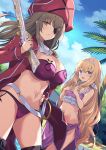  2girls amagi_brilliant_park belt bikini blue_eyes blue_sky breasts brown_eyes brown_hair coat drill_hair drill_sidelocks eyepatch frilled_bikini frills gun hairband hand_on_own_hip hat highres holding holding_gun holding_weapon large_breasts latifa_fleuranza long_hair looking_at_viewer multiple_girls musket navel pirate_hat rasahan red_coat sento_isuzu sidelocks sky swimsuit sword weapon white_belt white_hairband 