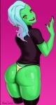 2018 absurd_res alien alien_humanoid butt clothed clothing disney eyebrows female fingers freckles galactic-overlord green_body green_skin hair hi_res humanoid humanoid_pointy_ears legwear long_hair looking_back lord_dominator noseless not_furry open_mouth pink_background portrait shirt signature simple_background solo standing stockings t-shirt teeth thigh_highs thong three-quarter_portrait topwear underwear wander_over_yonder white_hair yellow_eyes