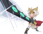  absurdres animal_ears beleven blonde_hair boots camisole cloak coyote_(kemono_friends) extra_ears gloves hair_ornament highres jacket kemono_friends kemono_friends_v_project parody short_hair skirt sunrise_stance sword tail thighhighs virtual_youtuber weapon wolf_ears wolf_girl wolf_tail yellow_eyes 
