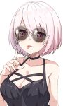  1girl :p bare_shoulders black_choker black_tank_top breasts choker cleavage criss-cross_straps ghost_earrings highres index_finger_raised keikesu large_breasts looking_at_viewer nijisanji pink_eyes pink_hair pink_nails round_eyewear shiina_yuika shiina_yuika_(10th_costume) short_hair simple_background solo sunglasses tank_top tongue tongue_out upper_body virtual_youtuber white_background white_hair 