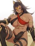  1girl animal_ears arm_support black_hair blonde_hair blue_eyes breasts bulge closed_mouth dangle_earrings dark-skinned_female dark_skin dehya_(genshin_impact) earrings futanari genshin_impact highres jewelry knee_up large_breasts long_hair looking_at_viewer multicolored_hair navel penis shiny_skin sitting smile solo sulcate 