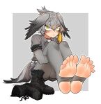  1girl belt bird_girl bird_tail bird_wings blonde_hair blush bodystocking border brown_hair closed_mouth collared_shirt dalsegno feet full_body green_eyes grey_hair grey_shirt grey_shorts hair_between_eyes head_wings hugging_own_legs kemono_friends knees_up layered_sleeves long_hair long_sleeves looking_at_viewer multicolored_hair necktie outline outside_border shirt shoebill_(kemono_friends) shoes short_over_long_sleeves short_shorts short_sleeves shorts side_ponytail sitting soles solo tail toeless_legwear toes unworn_shoes white_border white_necktie white_outline wing_collar wings 