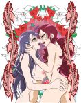  2girls after_kiss ass ass_grab blush breasts commentary_request completely_nude eye_contact flower glasses hairy hanasaki_tsubomi heartcatch_precure! highres large_breasts long_hair looking_at_another multiple_girls nipples nude open_mouth precure purple_eyes purple_hair red_eyes red_flower red_hair sabachiyo_land saliva saliva_trail small_breasts sweat teeth tsukikage_yuri upper_teeth_only white_flower yuri 