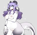 2024 anthro areola arm_tuft arm_under_breasts aurune belly black_nose blue_eyes breasts colored digital_media_(artwork) elbow_tuft exil_(lezified) fangs female floppy_ears fluffy fluffy_tail fur fur_markings genitals gradient_hair grey_body grey_fur grey_markings hair hanging_breasts hi_res horn lezified lips long_hair long_tail looking_at_viewer lop_ears makeup mammal markings medium_breasts multicolored_body multicolored_fur nails navel nipples nude open_mouth pear-shaped_figure plump_labia purple_hair pussy simple_background solo sparkles tail teeth thick_thighs tuft two_tone_body two_tone_fur white_body white_fur wide_hips