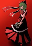  1girl absurdres bow dress flower frilled_bow frilled_dress frilled_ribbon frills front_ponytail green_hair hair_bow hair_ribbon highres holding holding_flower kagiyama_hina red_background red_bow red_dress red_ribbon red_theme ribbon solo touhou weedhollow_(dokuran) 