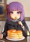  1girl absurdres black_robe butter candle eating fern_(sousou_no_frieren) fire food fork hair_ribbon highres holding holding_fork holding_knife indoors kaneko_ryou knife maple_syrup pancake pancake_stack plate purple_eyes purple_hair red_ribbon ribbon robe short_hair solo sousou_no_frieren table 