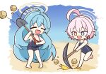  2girls achilles_(yosshyachillesd) ahoge bare_arms bare_legs bare_shoulders barefoot black_one-piece_swimsuit blue_archive blue_eyes blush breasts cleavage fang green_hair hair_between_eyes halo highres holding holding_pickaxe holding_shovel hoshino_(blue_archive) hoshino_(young)_(blue_archive) huge_ahoge huge_breasts long_hair multiple_girls one-piece_swimsuit open_mouth pickaxe pink_hair pink_halo school_swimsuit short_hair shovel small_breasts smile swimsuit yellow_eyes yellow_halo yume_(blue_archive) 