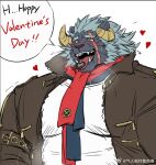  1boy bara blush breath candy chocolate curled_horns english_text food food_in_mouth furry furry_male grey_fur happy_valentine heart heart-shaped_chocolate horns huge_pectorals jacket krampus_(housamo) loving_aura male_focus mature_male medium_hair muscular muscular_male open_clothes open_jacket scar scar_across_eye solo thick_eyebrows tokyo_afterschool_summoners tongue tongue_out tusks uken_l upper_body 