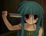  1girl aqua_hair arm_at_side arm_up bare_shoulders blue_hair blunt_bangs collarbone crazy dark dress empty_eyes furude_rika green_dress hand_on_wall highres higurashi_no_naku_koro_ni hime_cut holding holding_knife holding_weapon imminent_death imminent_suicide indoors kitchen_knife knife long_hair looking_at_viewer medium_bangs parted_lips purple_eyes ribbon scene_reference shaded_face sidelocks sleeveless sleeveless_dress smile solo spaghetti_strap strap_slip uee_m upper_body weapon yellow_ribbon 