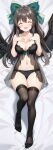  1girl absurdres black_bra black_hair black_panties black_thighhighs black_wings blush bow bra breasts cleavage closed_eyes commentary_request commission full_body green_bow hair_bow highres hoshimitooni large_breasts lingerie long_hair lying on_back on_bed open_mouth panties pixiv_commission reiuji_utsuho smile solo thighhighs touhou underwear wings 