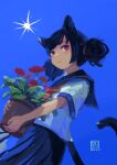  1girl 2022 :3 absurdres animal_ears artist_logo black_hair black_sailor_collar black_skirt blue_background bright_pupils cat_ears cat_girl cat_tail closed_mouth dated double_bun flower gerbera hair_bun highres holding holding_plant katakai looking_at_viewer looking_to_the_side neckerchief original plant pleated_skirt potted_plant red_eyes red_flower red_neckerchief sailor_collar school_uniform serafuku short_hair short_sleeves simple_background skirt smile solo standing sun tail tail_raised white_pupils white_serafuku 