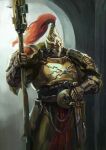  1boy adeptus_custodes armor breastplate commentary commission english_commentary full_armor gauntlets gold_armor greaves guardian_spear helmet highres holding holding_weapon imperium_of_man jjoail male_focus pauldrons pelvic_curtain plume polearm power_armor red_plume shoulder_armor solo standing warhammer_40k weapon 