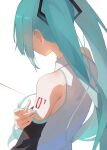  1girl 200f_(nifu) absurdres aqua_hair aqua_nails bare_shoulders collared_shirt commentary_request detached_sleeves facing_away from_behind hatsune_miku highres long_hair number_tattoo shirt simple_background sleeveless sleeveless_shirt solo tattoo twintails upper_body vocaloid white_background white_shirt 