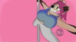 absurd_res anthro bigandbounce clothed clothing dancing female glenda(bigandbounce) happy hi_res hyena mammal pole pole_dancing sharp_teeth silly_face simple_background smile solo teeth