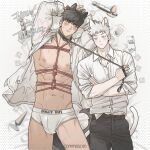  2boys abs anal_beads animal_ears bara bare_pectorals bishounen briefs bulge cat_boy cat_ears cat_tail couple cowboy_shot dog_boy dog_ears dog_tail eye_contact heart highres large_pectorals leash leash_pull looking_at_another male_focus male_underwear multiple_boys muscular muscular_male na-eun_(ejdbvaaqup08jfy) navel nipples no_pants open_clothes open_shirt original pectoral_bondage pectorals red_rope rope sex_toy shibari short_hair sideburns standing stomach sweat tail thick_eyebrows underwear yaoi 