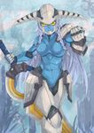  armor bandaid braid defense_of_the_ancients dota_2 exaxuxer fang gauntlets genderswap genderswap_(mtf) helmet hips long_hair solo sven_(dota) sword twin_braids weapon white_hair yellow_eyes 