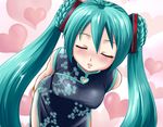  aqua_hair china_dress chinese_clothes closed_eyes dress hatsune_miku heart leaning_forward long_hair solo tsukinowa_kumatarou twintails very_long_hair vocaloid 