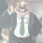 2024 anthro blush bottomwear brown_body canid canine clothing eyes_closed fugashi4090 humanoid_hands kemono male mammal necktie overweight overweight_male pants raccoon_dog shirt solo tanuki topwear