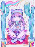  1girl beanie blue_eyes bow cactus closed_mouth crossed_ankles cup flower full_body hands_up hat highres holding holding_cup kiato long_hair looking_at_viewer no_shoes original pink_flower pink_hair purple_bow purple_robe robe rug signature sitting socks solo striped_clothes striped_socks wide_sleeves 