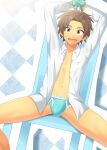  1boy :d absurdres aqua_bow aqua_male_underwear arms_up bound bound_wrists bow briefs brown_hair bulge chair checkered_background collarbone commentary_request dress_shirt dutch_angle fang hair_intakes highres linea_alba long_sleeves looking_at_viewer male_focus male_underwear navel nervous_smile no_pants on_chair open_clothes open_mouth open_shirt original parted_bangs red_eyes shirt short_hair sitting smile solo spiked_hair spread_legs sweatdrop thick_eyebrows unbuttoned underwear white_shirt wide-eyed yuya_hytk 