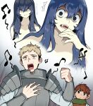  2boys 2girls armor blue_hair chilchuck_tims clenched_hand closed_mouth covered_eyes disgust dungeon_meshi facing_viewer fangs frown green_scarf grey_hair hair_over_eyes halfling hands_up head_tilt highres inset korean_commentary laios_thorden leather_armor long_hair looking_at_viewer mermaid monster_girl multiple_boys multiple_girls music musical_note nude open_mouth pauldrons plate_armor red_hair scarf shaded_face shirt short_hair shoulder_armor singing undercut vambraces white_background white_shirt wooni 