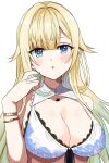  1girl :o aizawa_ema aizawa_ema_(summer_c102) bikini blonde_hair blue_bikini blue_eyes blue_hair blush bracelet breasts cat_necklace collar gradient_hair hair_flaps highres jewelry keikesu lace-trimmed_bikini lace_trim large_breasts long_hair looking_at_viewer multicolored_hair simple_background solo swimsuit upper_body very_long_hair virtual_youtuber vspo! white_background white_bikini white_collar 