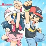  bad_quality black_hair blue_eyes blue_hair boots brown_eyes child fingerless_gloves flat_chest gloves hat hikari_(pokemon) jpeg_artifacts open_mouth pokemon pokemon_(anime) satoshi_(pokemon) skirt smile wink 