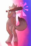  abstract_background ambiguous_gender anthro barbed_wire baseball_bat bat_(object) brown_fur canine clothing coyote fur girly grey_fur looking_at_viewer looking_back mammal nule shirt simple_background smile smirk solo standing tank_top 