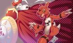 2021 absurd_res ambiguous_gender anthro armor bandai_namco black_sclera cheesoart claw_fingers claws digimon digimon_(species) digital_hazard featureless_crotch gallantmon grey_background grey_claws guilmon headgear helmet hi_res holding_object holding_shield knight male multiple_images open_mouth open_smile outline pauldron plantigrade plate_armor red_cape scalie screentone shield simple_background smile solo symbol warrior white_outline white_ribbon yellow_eyes