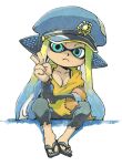  1girl agent_3_(splatoon) aqua_eyes black_footwear black_pants blonde_hair blue_hair breasts cleavage closed_mouth collarbone frown gradient_hair hand_up headgear highres inkling_girl inkling_player_character long_hair looking_at_viewer medium_breasts multicolored_hair muramasa_mikado pants patchwork_clothes poncho sandals simple_background sitting solo splatoon_(series) splatoon_3 suction_cups tentacle_hair torn_clothes torn_pants two-tone_hair v white_background 