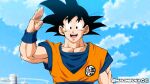  1boy anime_coloring arm_up building cloud collarbone commentary dougi dragon_ball english_commentary highres instagram_logo magimeoka muscular muscular_male open_mouth pectorals smile solo son_goku twitter_logo watermark 