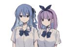  2girls ahoge blue_eyes blue_hair blue_ribbon blunt_bangs blush breasts choker closed_mouth collarbone collared_shirt colored_inner_hair commentary_request dress_shirt hair_between_eyes hair_ribbon hololive hoshimachi_suisei large_breasts long_hair looking_at_viewer medium_hair minato_aqua multicolored_hair multiple_girls one_side_up pink_hair purple_eyes ribbon ribbon_choker saifu_(saihu715) shirt short_sleeves sidelocks simple_background small_breasts sweatdrop two-tone_hair upper_body white_background white_shirt 
