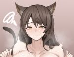  1girl 3: animal_ears arknights breasts brown_eyes brown_hair cat_ears cat_tail commentary highres large_breasts long_hair looking_at_viewer portrait skyfire_(arknights) solo tail tenten_(1010haka) 