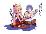  controller dodonpachi dodonpachi_saidaioujou game_controller gamepad hikari_(saidaioujou) multiple_girls shuri_(saidaioujou) sitting thighhighs translated white_background xanado 