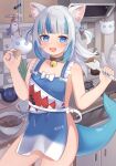  1girl :d absurdres apron bell black_choker bloop_(gawr_gura) blue_apron blue_eyes blue_hair blue_nails breasts choker commentary_request cowboy_shot food gawr_gura grey_hair hair_ornament highres holding holding_food holding_spatula hololive hololive_english jingle_bell kitchen long_hair looking_at_viewer multicolored_hair nail_polish naked_apron neck_bell nekopurin_(nyanko_prin) open_mouth print_apron shark_hair_ornament shark_print sharp_teeth small_breasts smile solo spatula teeth two-tone_hair two_side_up upper_teeth_only virtual_youtuber 