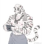  1boy animal_ears apple_inc. arknights bara cowboy_shot dog_tags furry furry_male holding holding_tablet_pc lonkri male_focus mountain_(arknights) muscular muscular_male nipples scar scar_across_eye short_hair solo tablet_pc thick_eyebrows tiger_boy tiger_ears topless_male unfinished 